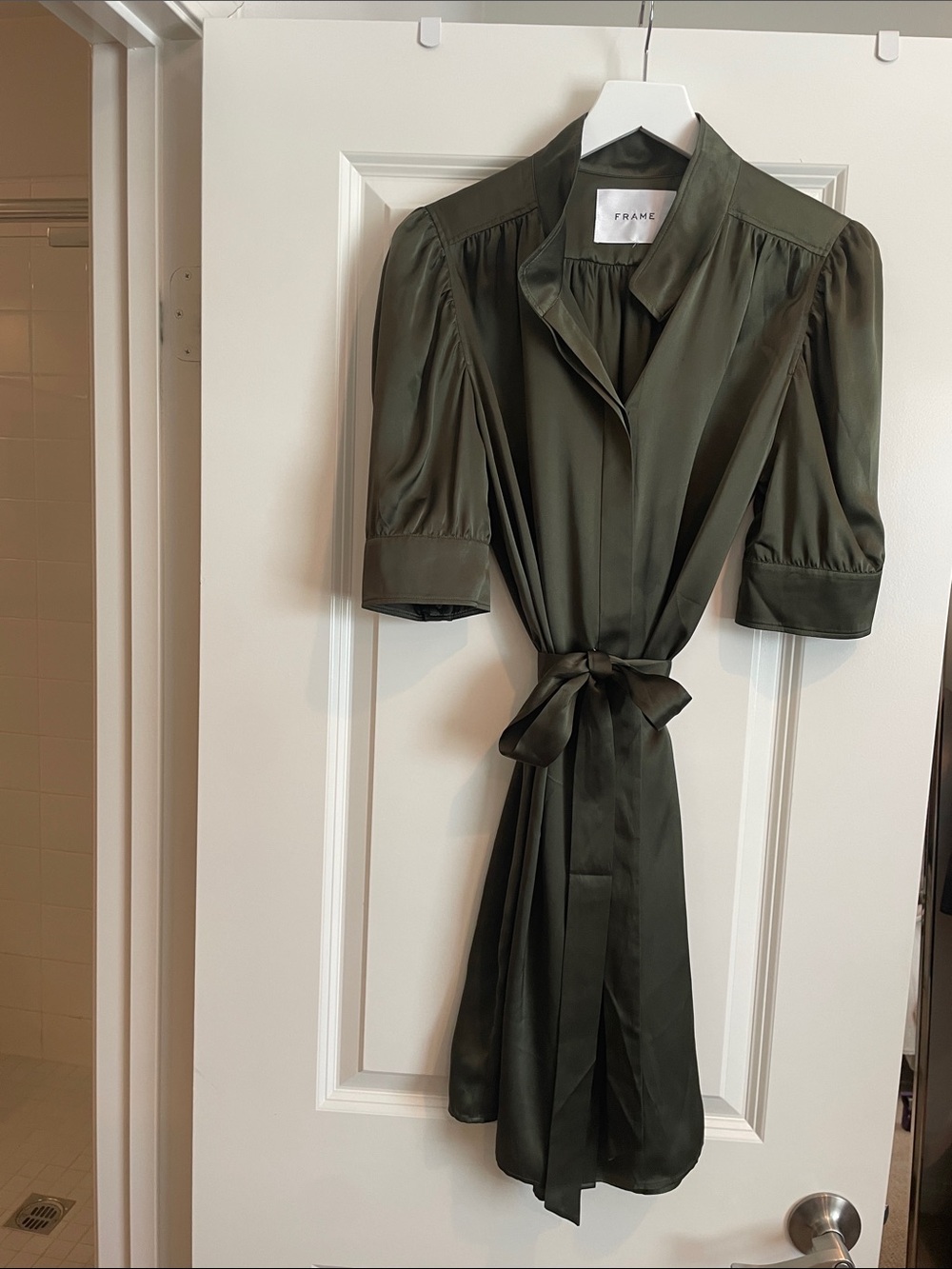 Frame Denim Olive Satin Tie-Waist Midi Dress